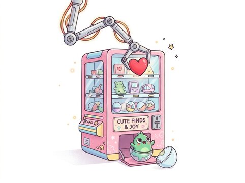 Cute claw machine game with a heart prize and a small toy isolated on white