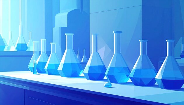 Stylized geometric laboratory flasks filled with blue liquid on a modern science bench rendered in cool blue monochromatic tones with abstract background