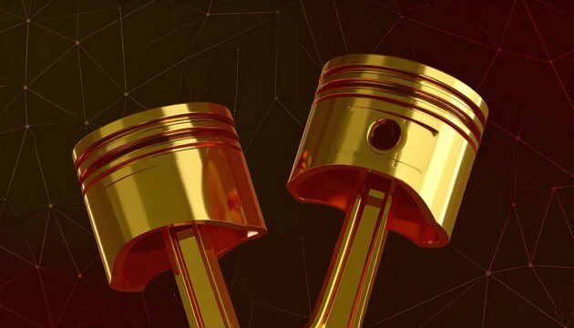 Two shiny golden 3D rendered automotive engine pistons with connecting rods on a dark abstract geometric background with digital network lines and nodes.