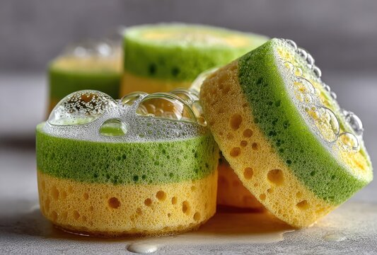 Circular sponges, lime green and yellow, in soapy bubbles