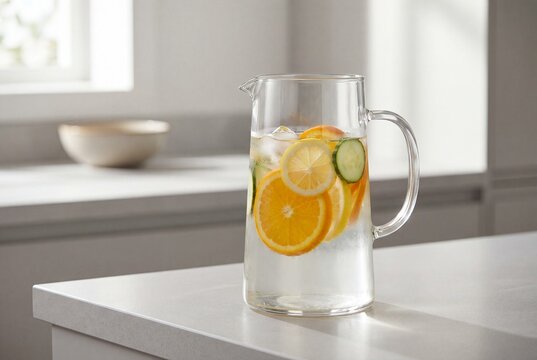 Clear glass pitcher with fresh citrus and cucumber fruit infused water on table