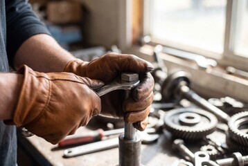 Obraz premium Mechanic Using a Wrench to Tighten a Bolt on Metal Components in a Workshop