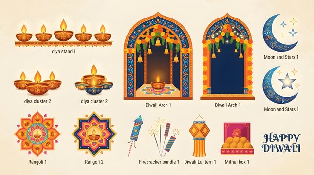 Diwali festival decorative elements collection featuring diyas, rangoli, firecrackers, lanterns, and mithai box