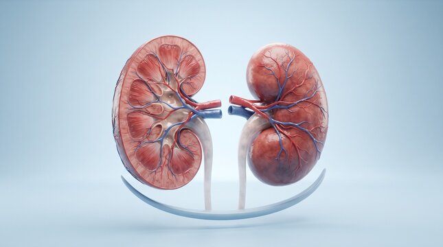 3D medical illustration of human kidney anatomy with internal cross section and blood vessels.