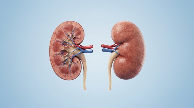 3D anatomical model of human kidneys showing internal cross section and blood vessels