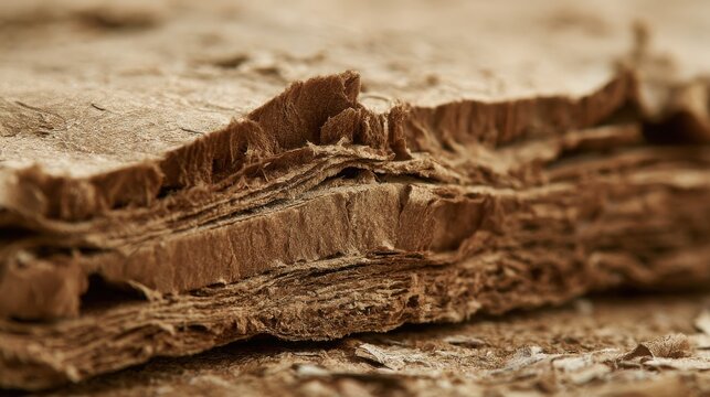 Extreme Macro Shot of Thick Recycled Cardboard Edge Highlighting Natural Paper Pulp Fibers and Layers