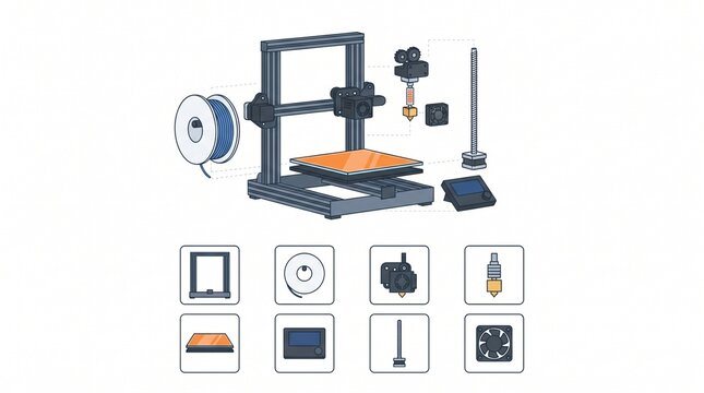 FDM 3D Printer Components Exploded View and Technical Parts Icon Set