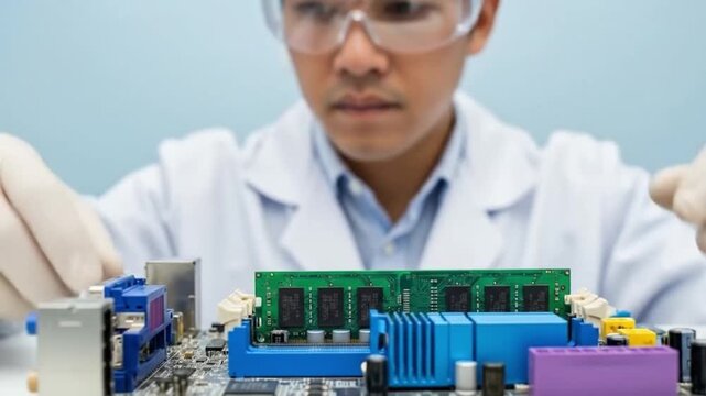 Computer Technician Installing RAM Module Memory Card into Desktop Motherboard Slot