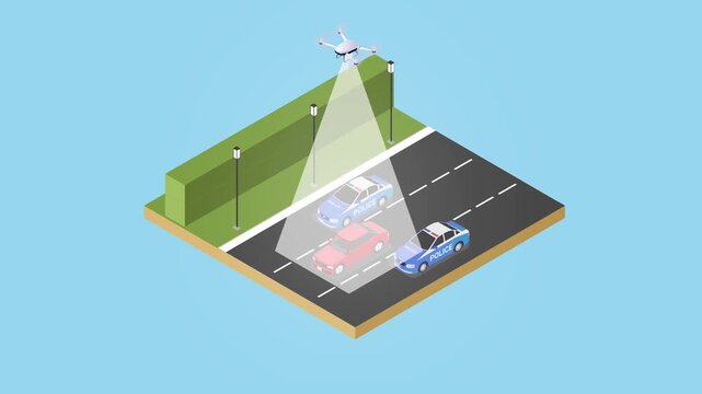 Isometric Police Surveillance Drone Tracking Car Chased by Patrol Cars 3d animation cartoon