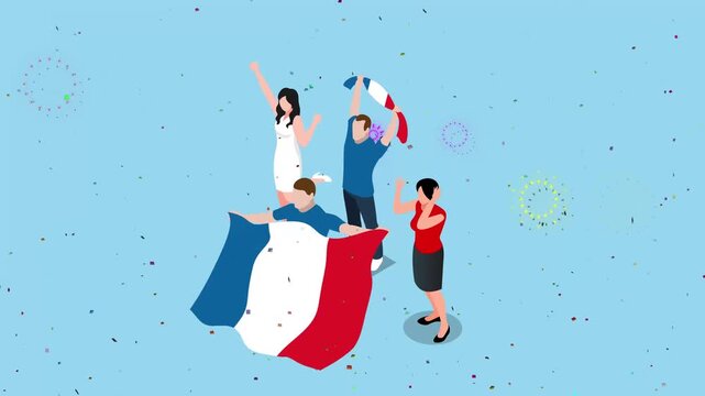 Isometric French Sports Fans Celebrating with France Flag and Fireworks 3d animation cartoon