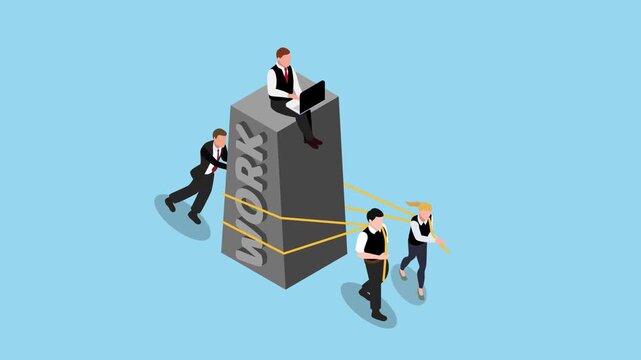 Isometric Business Team Pulling Heavy Work Block While Boss Sits Above 3d animation cartoon