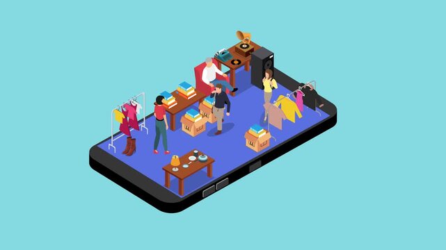 Isometric Online Vintage Thrift Store and Flea Market App on Smartphone 3d animation cartoon