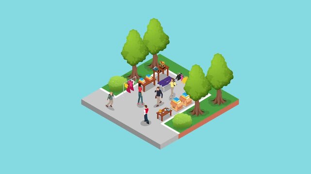 Isometric Outdoor Flea Market and Vintage Garage Sale in the Park 3d animation cartoon