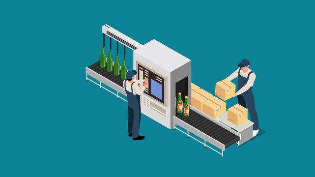 Isometric Automated Bottle Labelling Machine and Packaging Line 3d animation cartoon