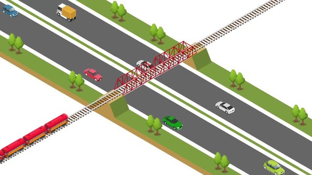 Isometric Train Crossing Railway Bridge Over Highway with Traffic 3d animation cartoon