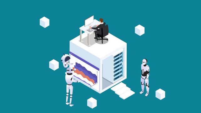 Isometric Artificial Intelligence and Data Server Node with Robots and Businessman 3d animation cartoon