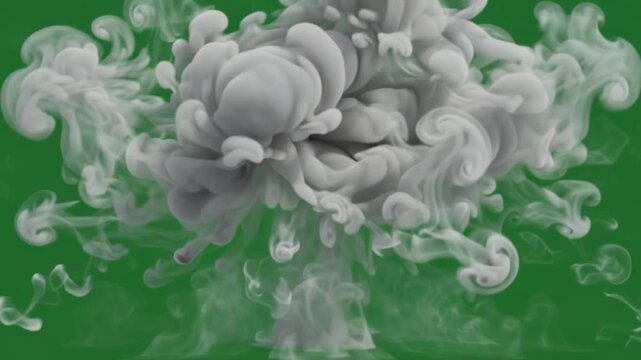 Cinematic gray smoke explosion on green screen. Thick billowing smoke clouds for VFX compositing. Realistic explosion effect for film production.