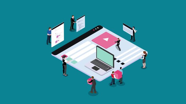 Isometric Team Building and Developing Web Application 3d animation cartoon