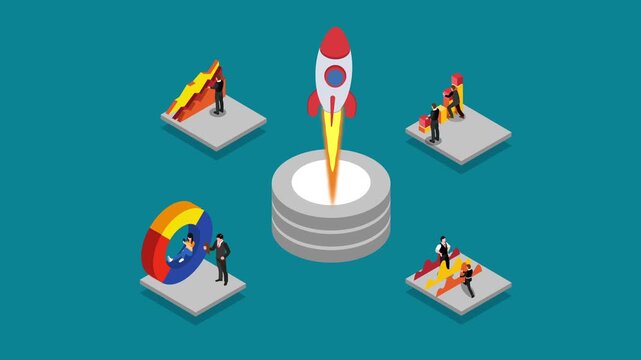 Isometric Startup Rocket Launch with Financial Charts and Analytics Concept 3d animation cartoon
