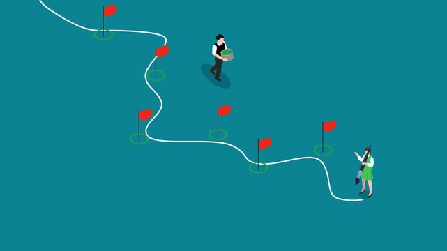 Business Roadmap Concept with People Drawing Path and Marking Milestones 3d animation cartoon