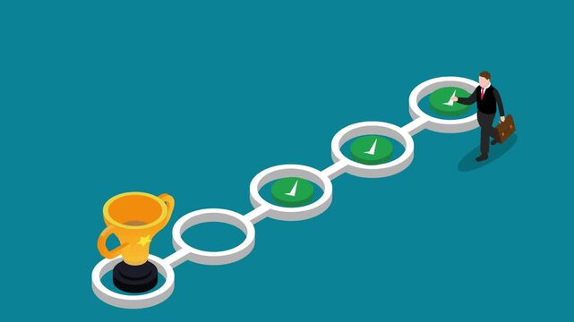 Businessman Step-by-Step Progress to Trophy Success Concept 3d animation cartoon