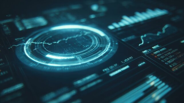 Digital screen displaying a circular holographic radar interface alongside wavy line graphs and analytical data charts in a dark blue hue.