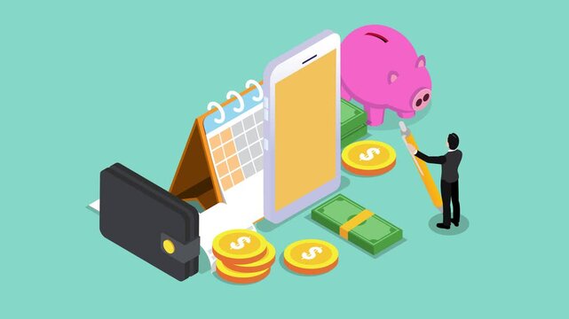 Online Banking Mobile Application and Piggy Bank Savings 3d animation cartoon