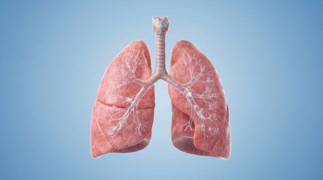3D illustration of human lungs respiratory system with trachea and bronchi on blue background