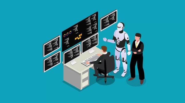 Artificial Intelligence and Software Coding Collaboration Concept 3d animation cartoon