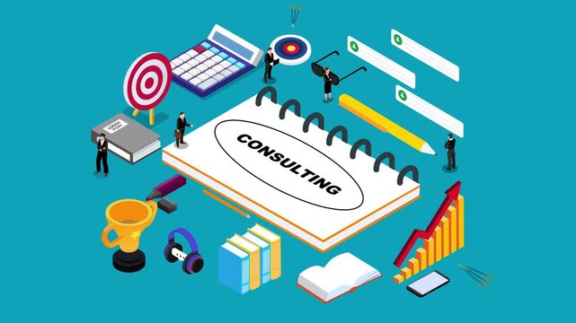 Business Consulting Concept with Notebook, Growth Chart, Target, Trophy, Calculator, and People 3d animation cartoon