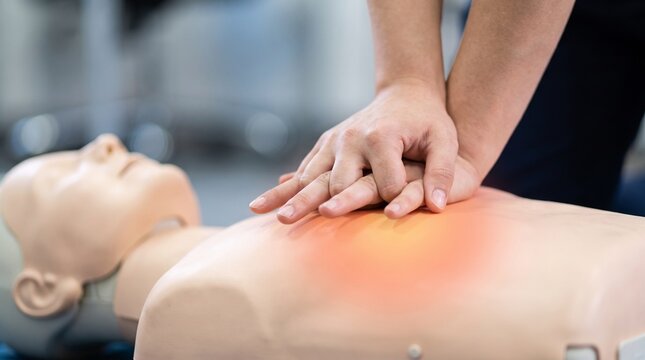 Professional rescuer performing cardiopulmonary resuscitation training on medical manikin chest compression