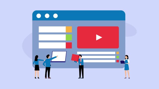 Creative Team Building Web Layout with Video Player and UI Elements cartoon animation