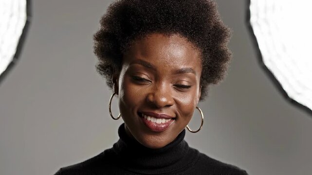 Radiant black woman smiling and blinking during a studio video shoot