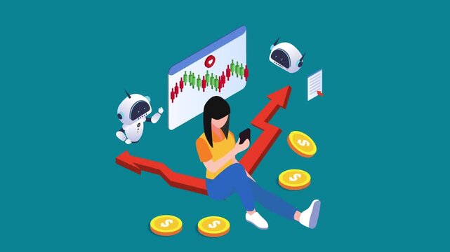 Woman Trading Stocks using AI Robots and Mobile Phone App 3d animation cartoon