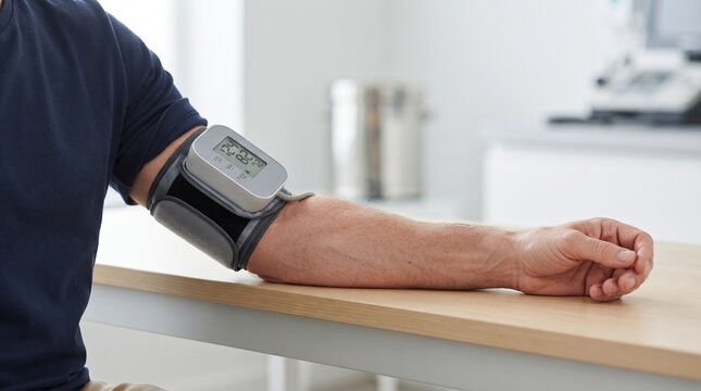 Man using digital blood pressure monitor on his arm for health checkup in a bright medical room.