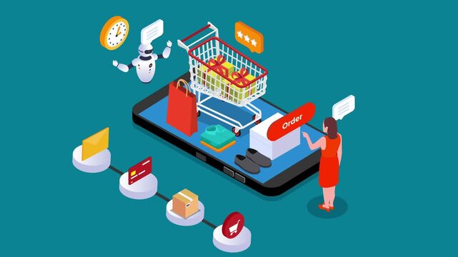 Mobile Shopping Concept with AI Bot Assistant and Online Checkout Process 3d animation cartoon