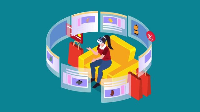 Virtual Reality Online Shopping Concept with Woman in VR Headset 3d animation cartoon