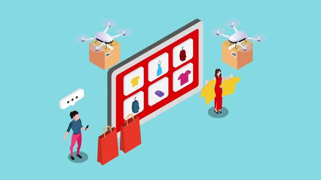 Online Shopping and Drone Apparel Delivery Concept 3d animation cartoon