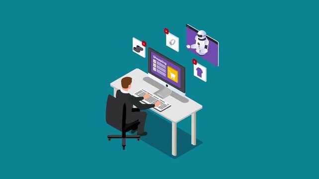 Online Shopping with AI Robot Customer Support Concept 3d animation cartoon