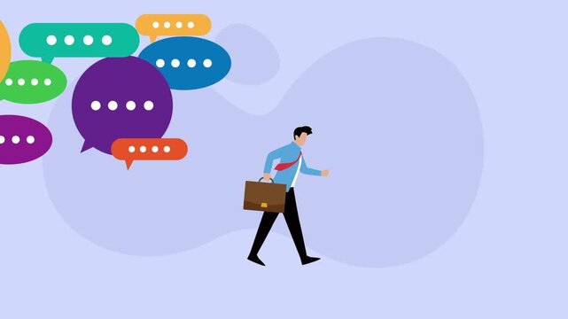 Businessman Walking with Colorful Speech Bubbles Following Behind cartoon animation