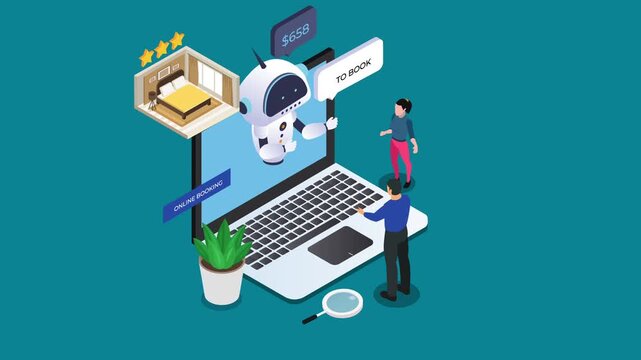 AI Travel Agent and Hotel Online Booking Concept v3d animation cartoon