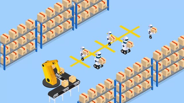 Automated Warehouse with Robotic Workers and Conveyor Arm 3d animation cartoon