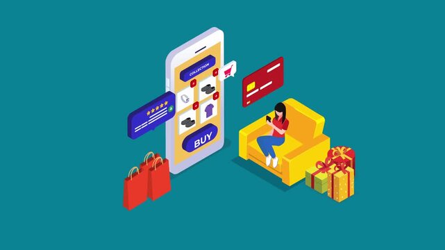Mobile E-Commerce Online Shopping from Home Concept 3d animation cartoon