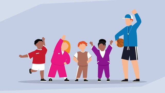 Sports Coach Leading Kids in Warm Up Exercises and Fitness Class cartoon animation