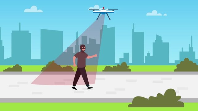 Police Drone Tracking Criminal Burglar on City Street Security cartoon animation
