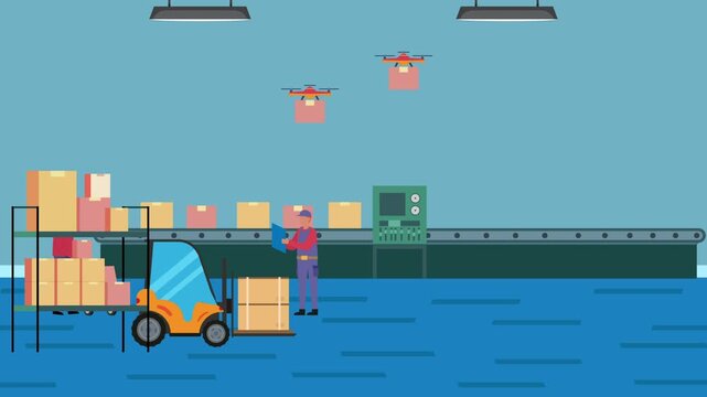 Smart Warehouse Automation with Workers, Forklift, Conveyor Belt, and Drones cartoon animation