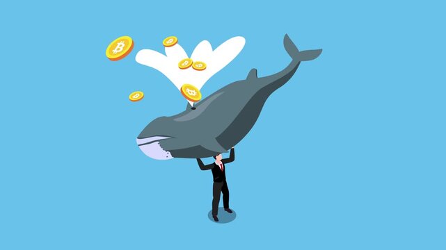 Businessman Lifting Crypto Whale Spouting Bitcoin Coins 3d animation cartoon