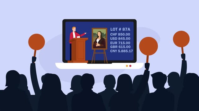 Online Art Auction with Bidders and Auctioneer cartoon animation
