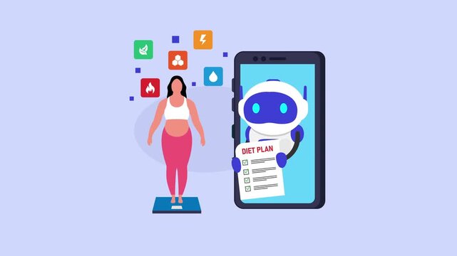 AI Chatbot Offering Personalized Diet Plan to Woman on Scale cartoon animation