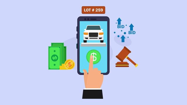 Online Car Auction and Mobile Vehicle Bidding Concept cartoon animation
